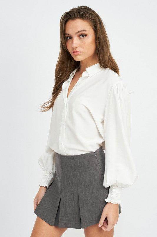 Button Up Collared Blouse With Smocking - VacationGrabs