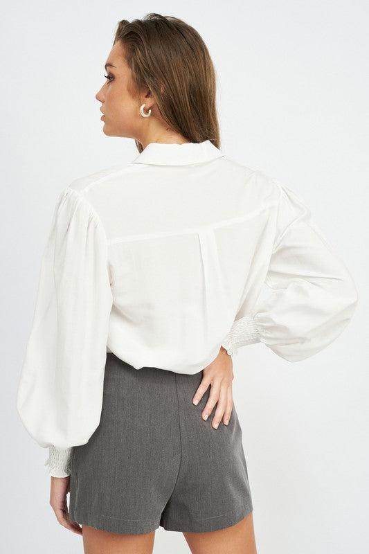 Button Up Collared Blouse With Smocking - VacationGrabs