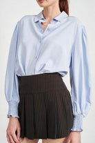 Button Up Collared Blouse With Smocking - VacationGrabs