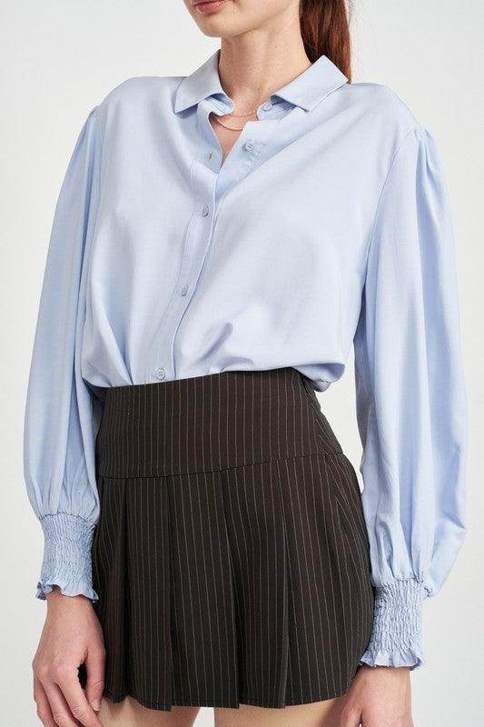 Button Up Collared Blouse With Smocking - VacationGrabs