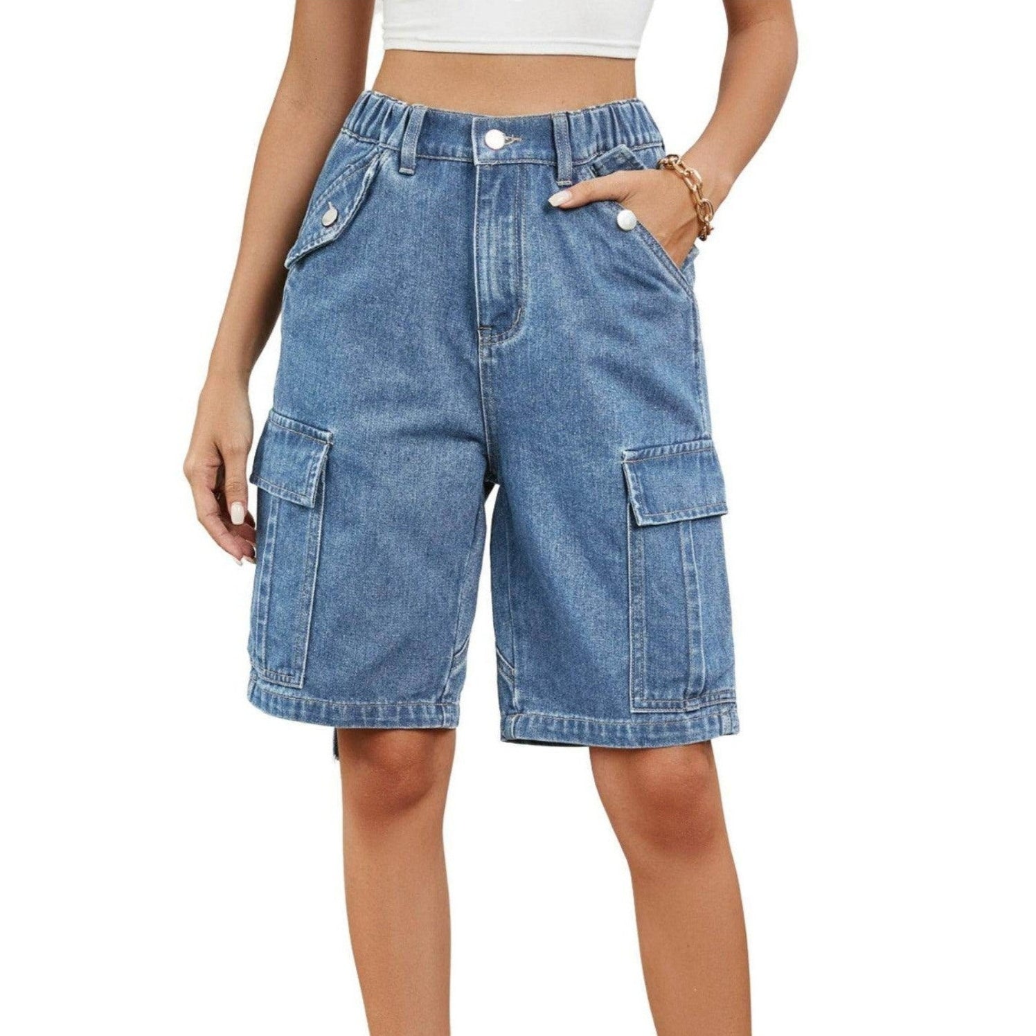 Buttoned Elastic Waist Denim Shorts with Pockets - VacationGrabs