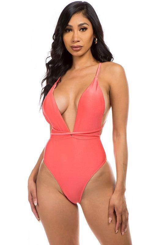 Deep V-Neck One-Piece Bathing Suit - VacationGrabs