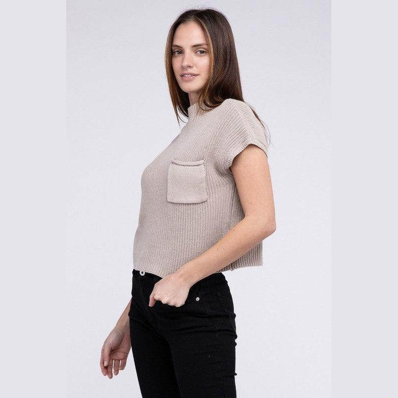 Mock Neck Short Sleeve Cropped Sweater - VacationGrabs