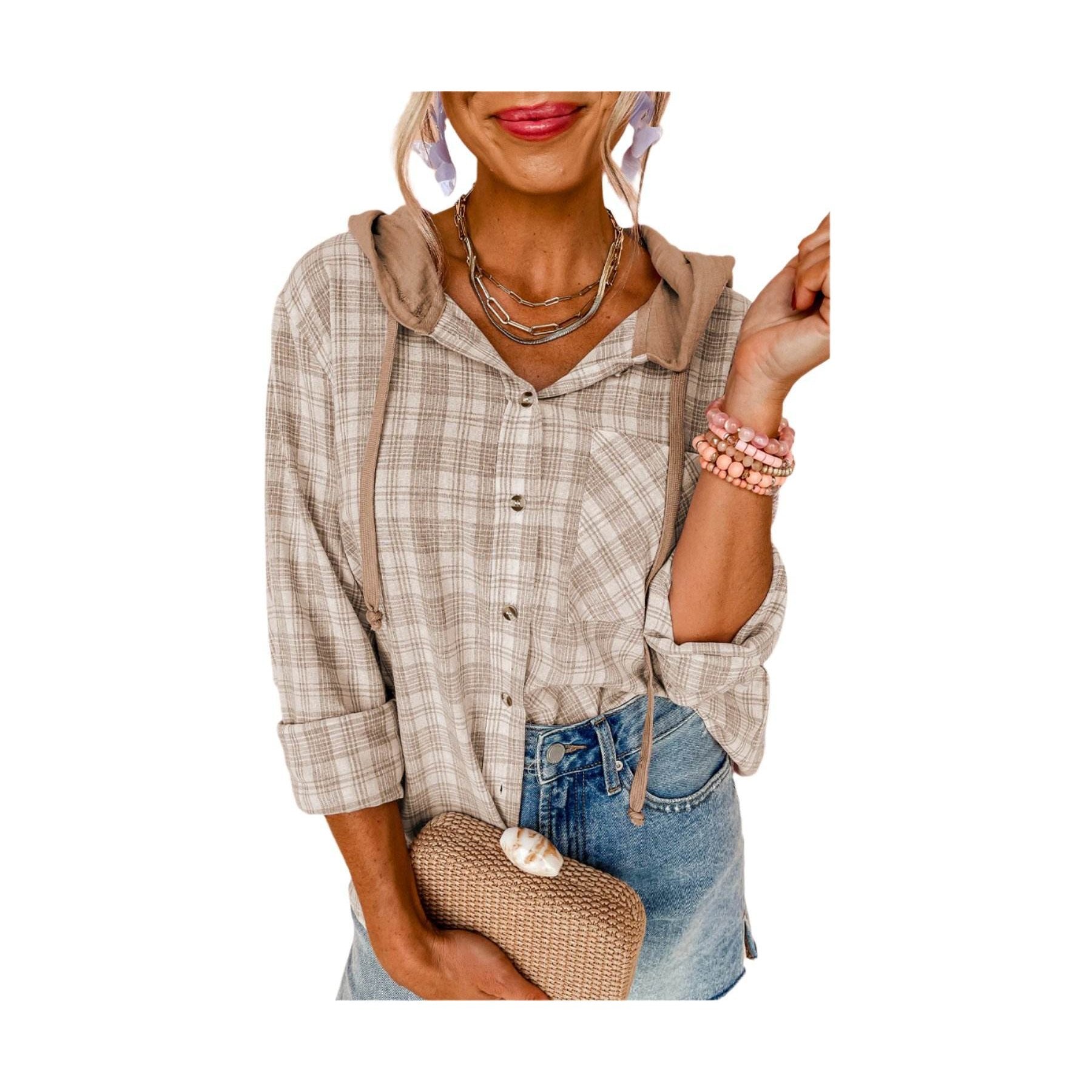 Khaki Checkered Print Loose Fit Buttoned Hooded Shacket - VacationGrabs