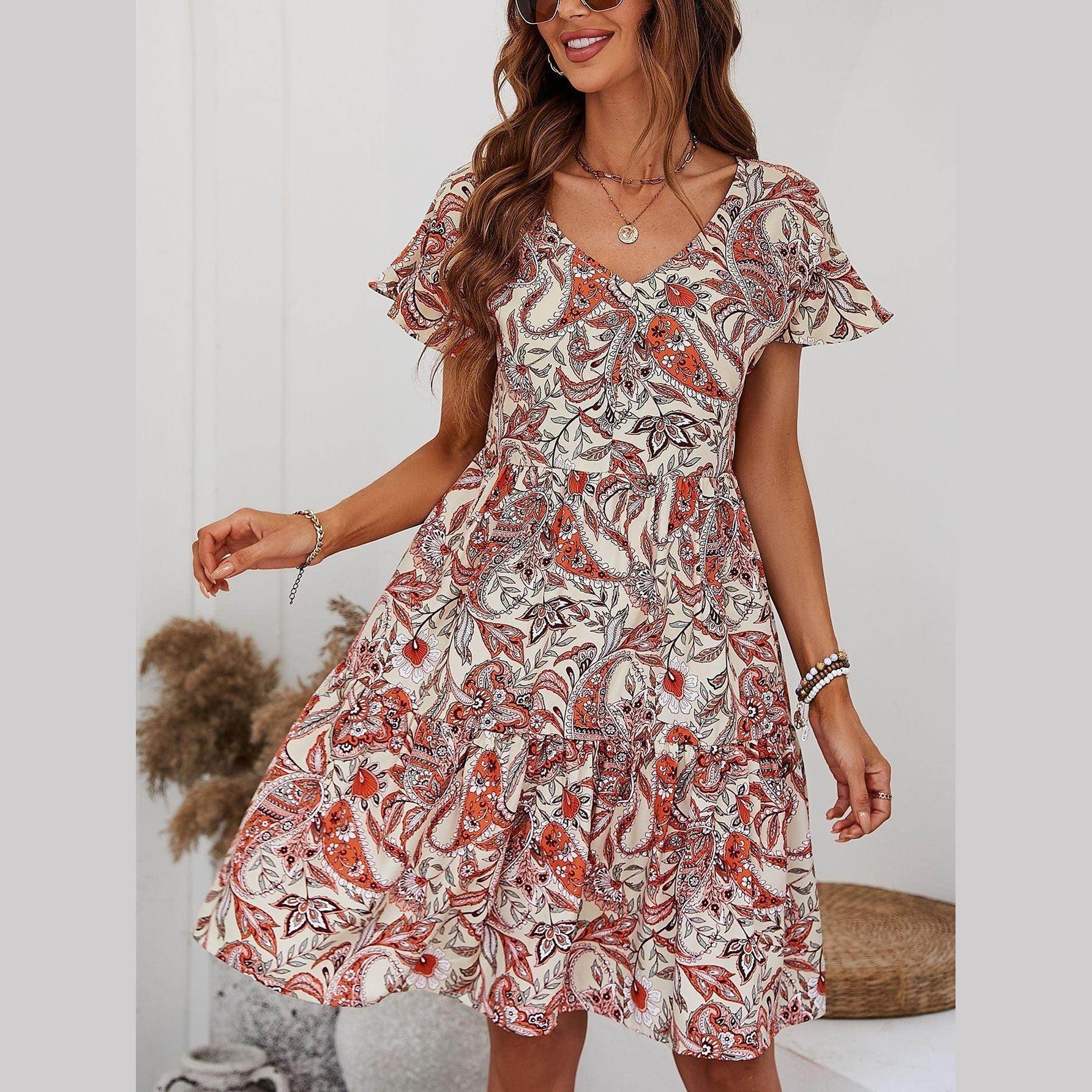 Printed V-Neck Tiered Dress - VacationGrabs