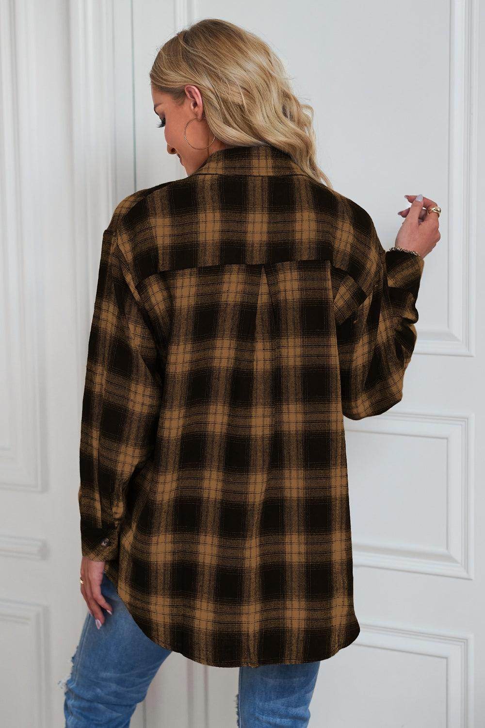 Plaid Button Up Dropped Shoulder Outerwear - VacationGrabs