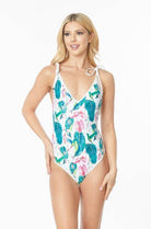 One Piece Bathing Suit Floral Print Shouler Top Ti - VacationGrabs
