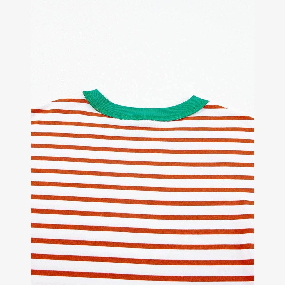 Orange Stripe Oversized Contrast Trim Exposed Seam High Low T Shirt - VacationGrabs