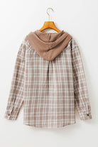 Khaki Checkered Print Loose Fit Buttoned Hooded Shacket - VacationGrabs