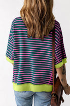 Green Stripe Oversized Contrast Trim Exposed Seam High Low T Shirt - VacationGrabs