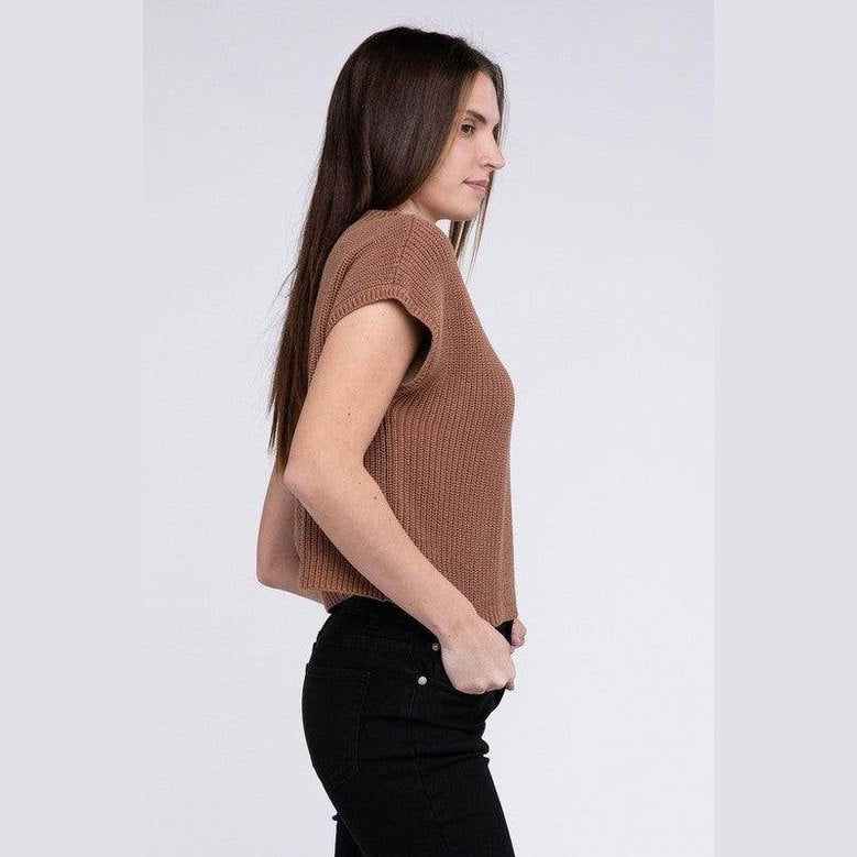 Mock Neck Short Sleeve Cropped Sweater - VacationGrabs