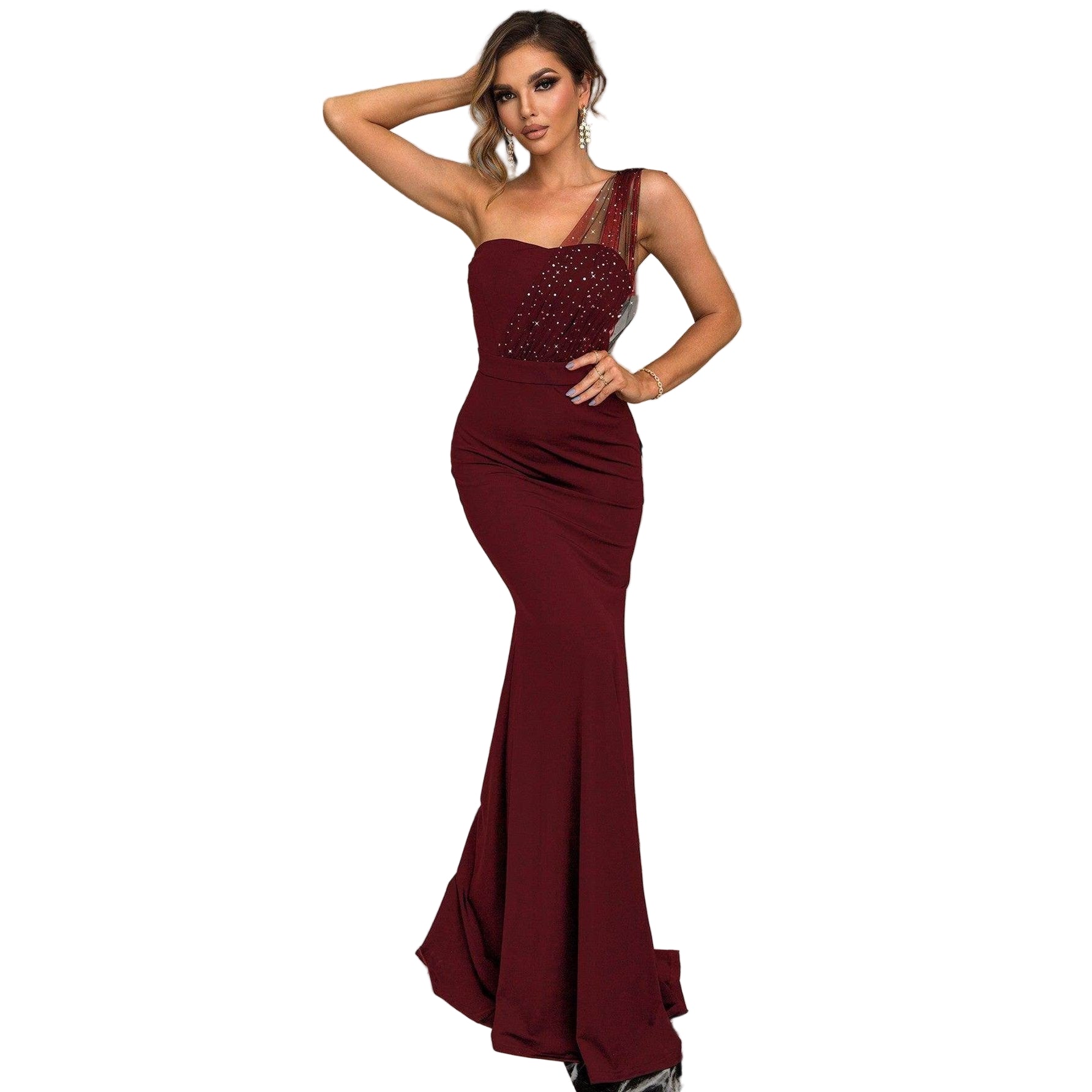 Rhinestone One-Shoulder Formal Dress - VacationGrabs