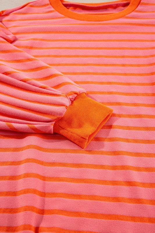 JUNIPER BLVD striped drop shoulder sweatshirt in pink and orange colors with ribbed cuffs