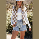Khaki Checkered Sherpa Collared Jacket Vest - VacationGrabs