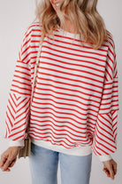 JUNIPER BLVD striped drop shoulder sweatshirt in red and white with a relaxed fit for casual wear