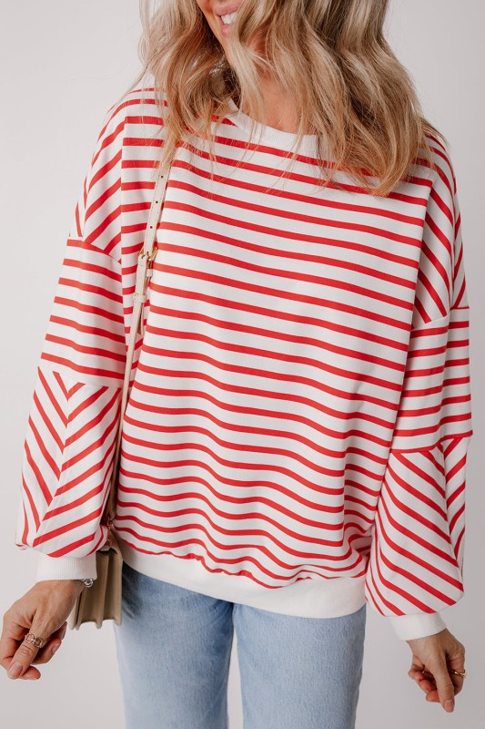 JUNIPER BLVD striped drop shoulder sweatshirt in red and white with a relaxed fit for casual wear