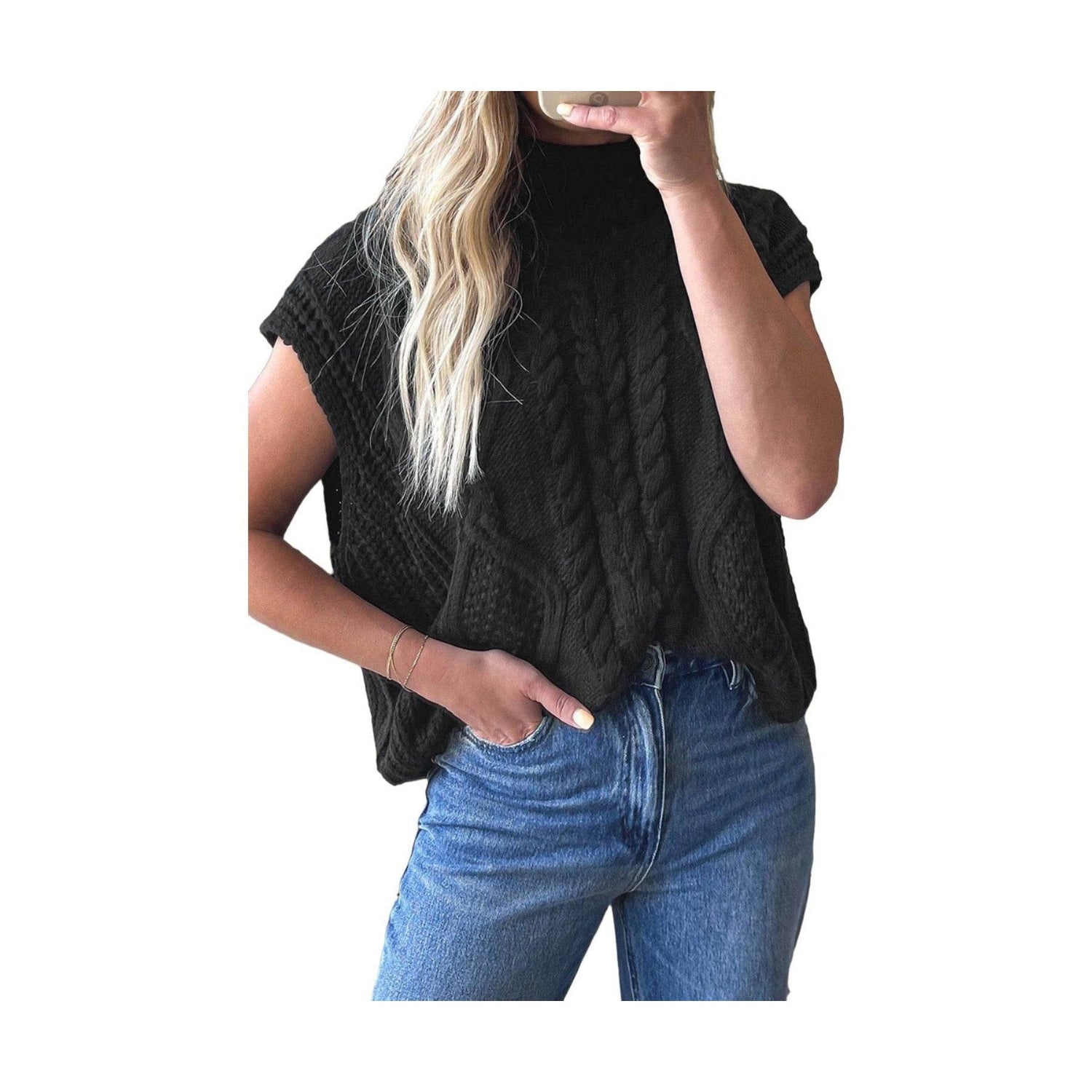 Cable-Knit Mock Neck Cap Sleeve Sweater - VacationGrabs