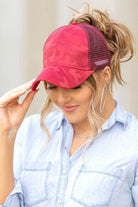 Aili's Corner camouflage messy bun cap in red with a breathable design for stylish comfort