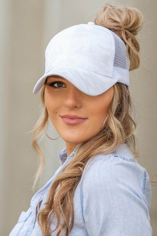 Aili's Corner camouflage messy bun cap for women featuring a stylish design and breathable mesh back