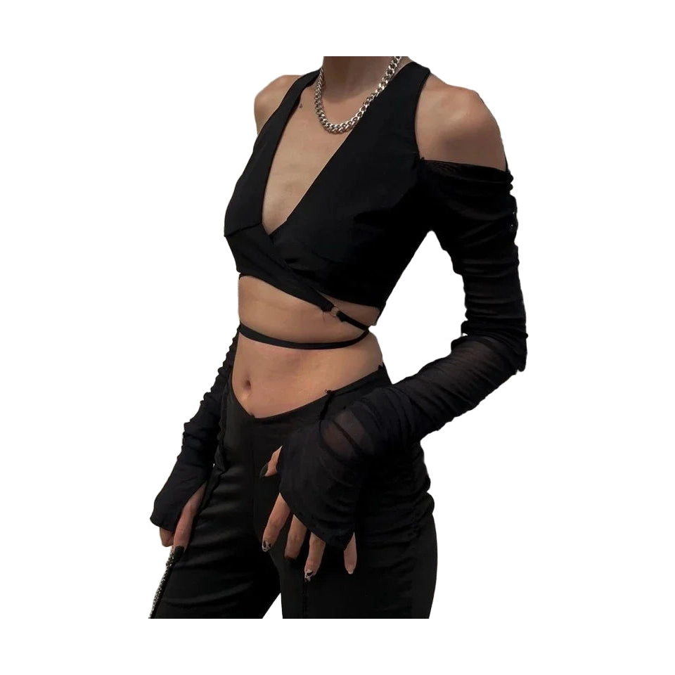Black sheer streetwear crop tee for women with cut-out shoulders and long mesh sleeves