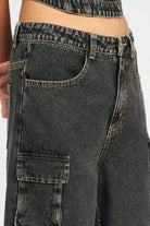 Emory Park Women's Casual Cargo Jeans in Black with Side Pockets and a Relaxed Fit
