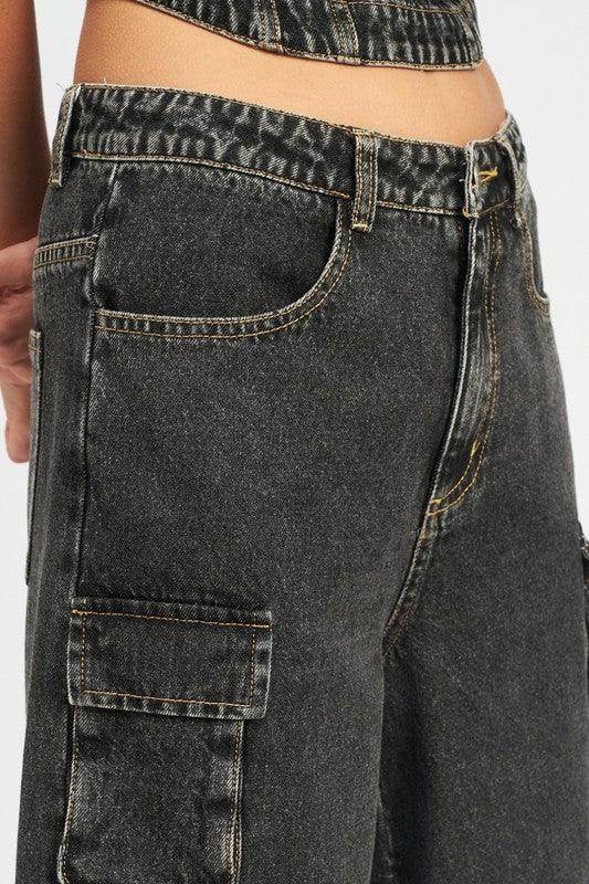 Emory Park Women's Casual Cargo Jeans in Black with Side Pockets and a Relaxed Fit