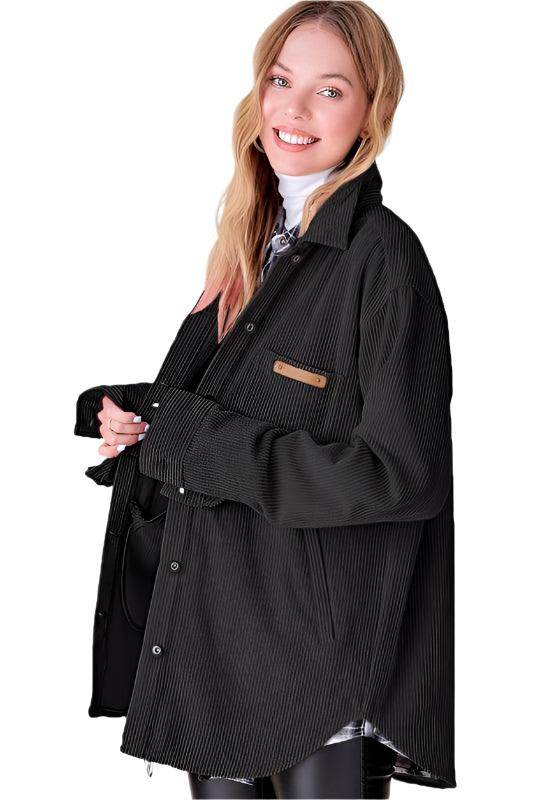 La Miel Women's Shacket in Black Corduroy, a stylish casual corduroy jacket for everyday wear