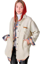 La Miel Women's Shacket in Beige Corduroy, a casual corduroy jacket with plaid details