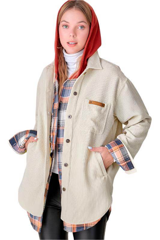La Miel Women's Shacket in Beige Corduroy, a casual corduroy jacket with plaid details
