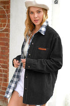 La Miel Women's Shacket in Black Corduroy, featuring a plaid lining and casual corduroy jacket style