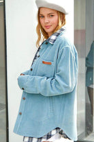 La Miel Women's Casual Corduroy Jacket in Light Blue with Button Closure and Stylish Design