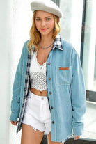 La Miel Women's Casual Corduroy Jacket in Light Blue with Plaid Lining and Buttons