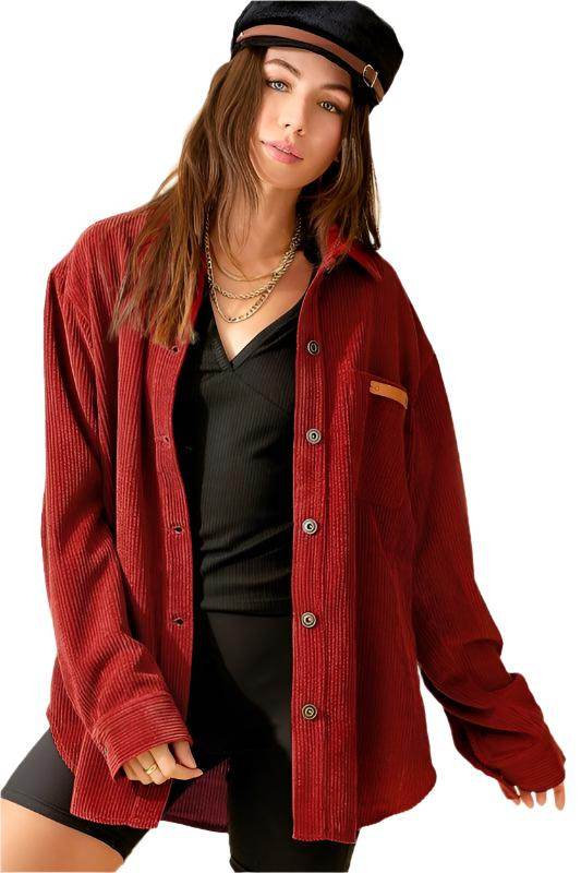La Miel Women's Shacket in Red, a casual corduroy jacket perfect for layering in cooler weather