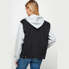 Back view of a Blue Age casual denim hoodie for women in black and gray with a stylish design