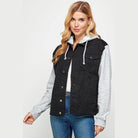 Casual denim hoodie for women featuring a black outer layer and a grey hood
