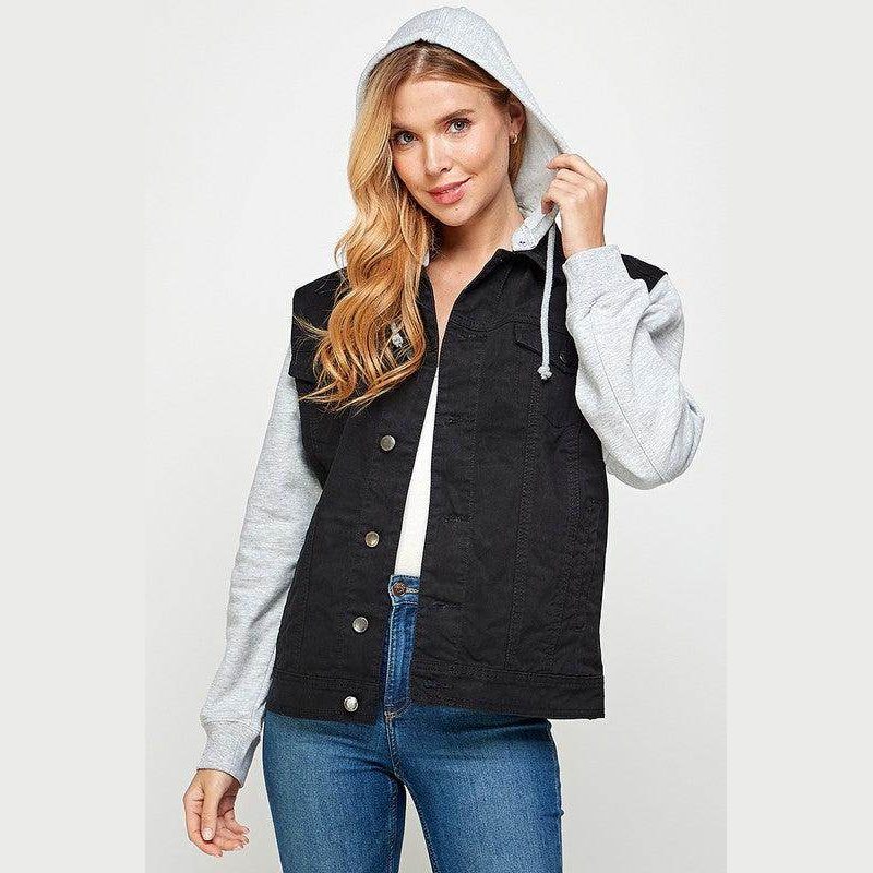 Casual denim hoodie for women featuring a stylish black and grey design with a front button closure