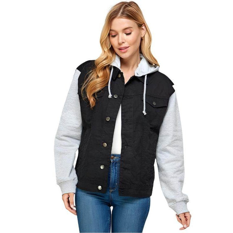 Blue Age women's casual denim hoodie for women with button closure and cozy grey sleeves