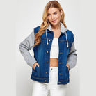 Blue Age casual denim hoodie for women with gray sleeves and adjustable hood for a stylish look