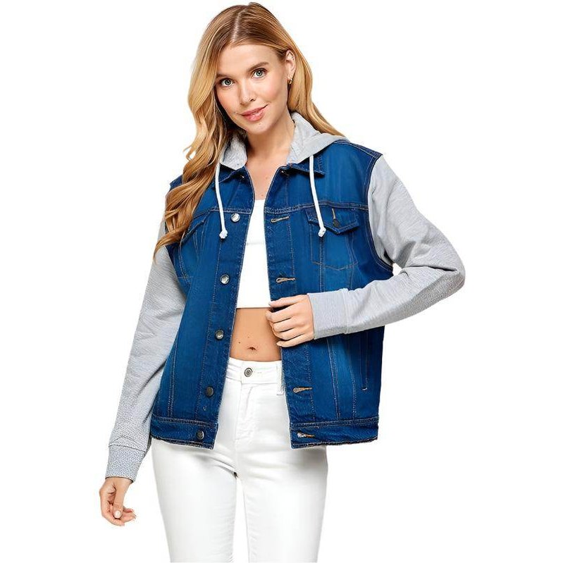 Blue Age casual denim hoodie for women with contrasting grey sleeves and front pockets
