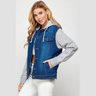 Blue Age casual denim hoodie for women with gray sleeves and front pockets for stylish layering