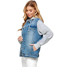 Blue Age casual denim hoodie for women with contrasting gray sleeves and a relaxed fit