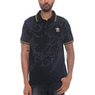 WEIV casual embroidered polo shirt in black with gold-striped collar and intricate dark pattern