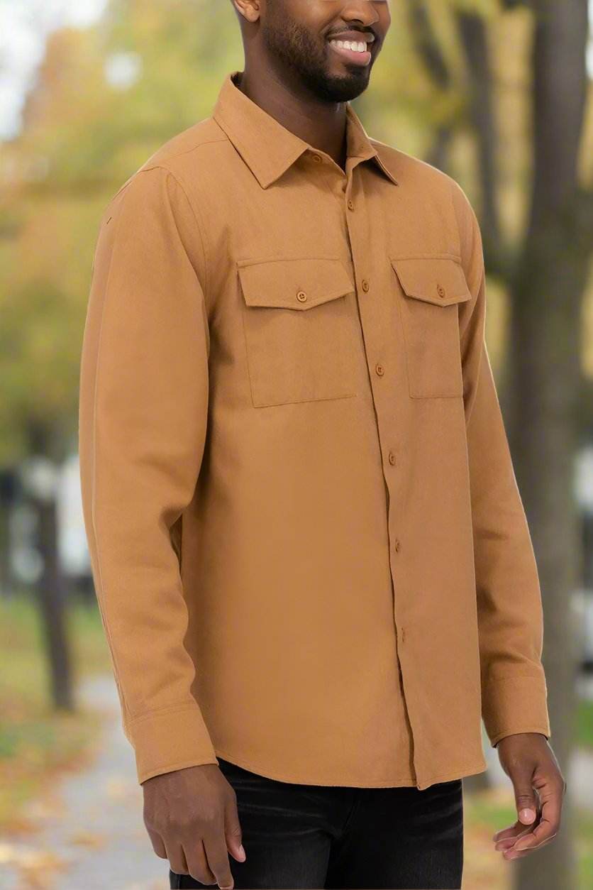 WEIV casual gold flannel top for men with two chest pockets and relaxed fit