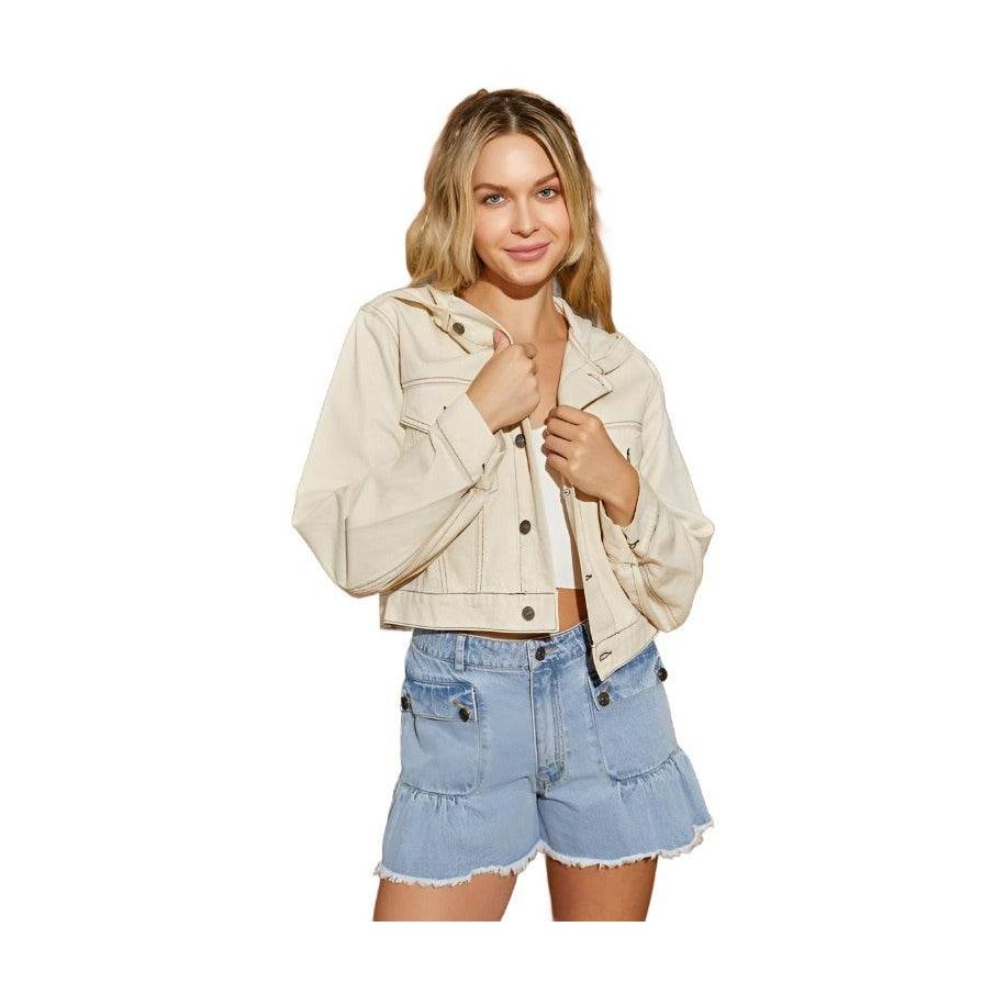 Mustard Seed casual hooded jean jacket in cream with a cropped fit and front pockets