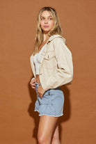 Mustard Seed casual hooded jean jacket in light wash, ideal for trendy, laid-back outfits
