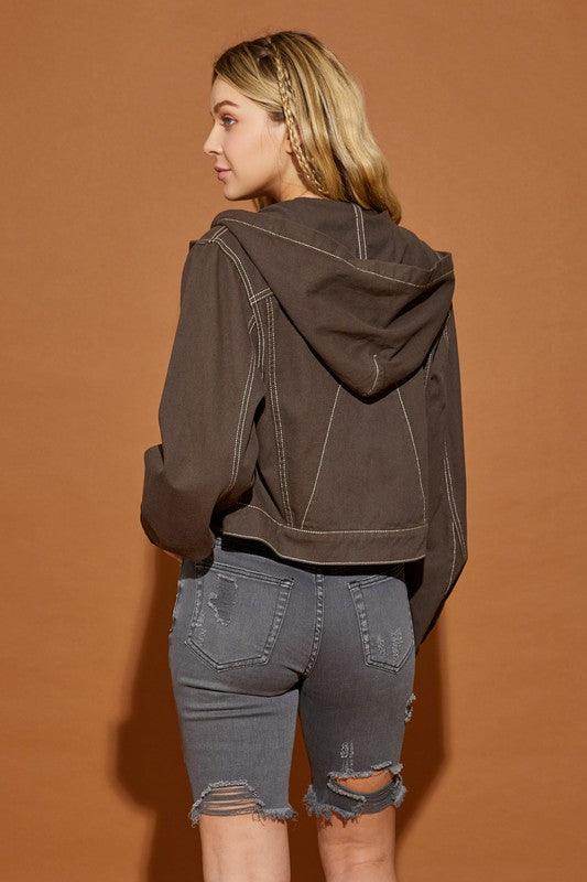 Mustard Seed casual hooded jean jacket in brown worn with gray distressed shorts