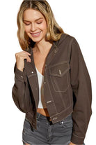 Mustard Seed casual hooded jean jacket in brown with a cropped fit and front pockets