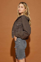 Mustard Seed casual hooded jean jacket in dark brown with a relaxed fit and stylish design