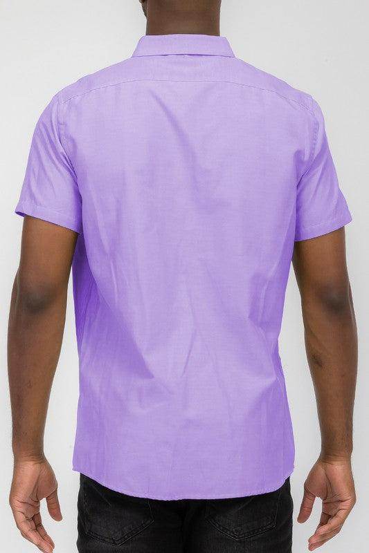 Back view of WEIV casual pastel shirts for men in light purple with short sleeves