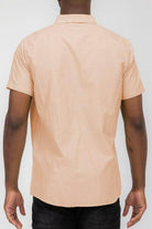 Back view of WEIV peach casual pastel shirt for men with short sleeves and lightweight fabric